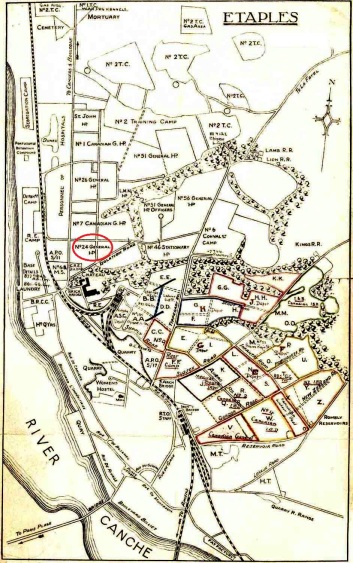 A plan of the Étaples Base Bamp and hospital complex with No 24 General Hospital marked. 