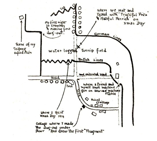 Bruce Bairnsfather's map showing the turnip field where he met Germans on Christmas Day 1914. From 'Bullets and Billets' (1916).