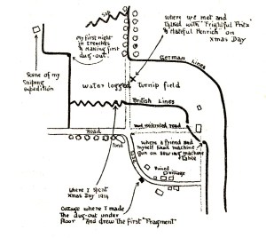 Bruce Bairnsfather's map showing the turnip field where he met Germans on Christmas Day 1914. From 'Bullets and Billets' (1916).