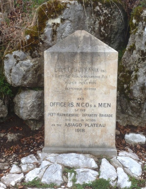 Memorial to Lt Col J M Knox, 1/8th Royal Warwicks and 143rd (Warwickshire) Infantry Brigade, near Granezza British Cemetery and Tattenham Corner. 