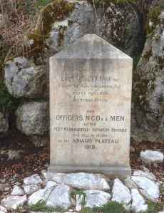 Memorial to Lt Col J M Knox, 1/8th Royal Warwicks and 143rd (Warwickshire) Infantry Brigade, near Granezza British Cemetery and Tattenham Corner.