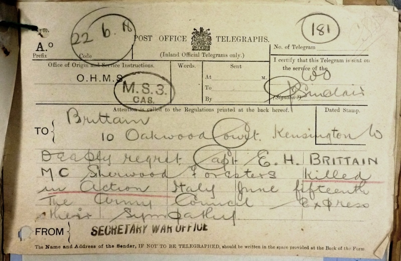 The War Office telegram sent to Edward's father on 22nd June 1918. (National Archives WO339/27827)