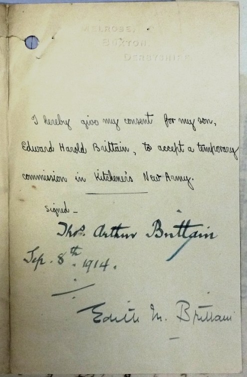 His parents gave their consent to Edward's application, signing this statement written by him. (National Archives WO339/27827)