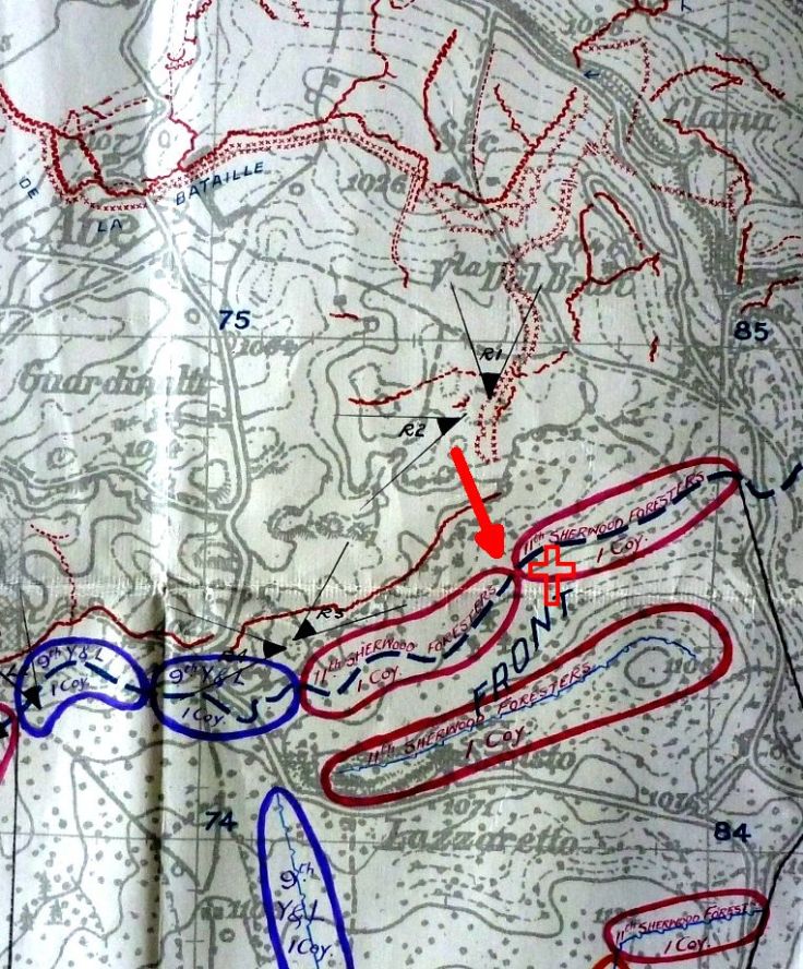 The deployment of British at the start of the battle. The 11th Sherwoods were holding the front line with D Company on the left and Brittain's A Company on the right; C Company was on the ridge summit behind. Machine guns R1 and R2 were deployed in front of the British wire, as was a picquet of ten men.  The Austrian break-in is shown by the red arrow and the area in which Edward Brittain lost his life is shown by the cross. (23rd Division GS War Diary National Archives WO95/4229)
