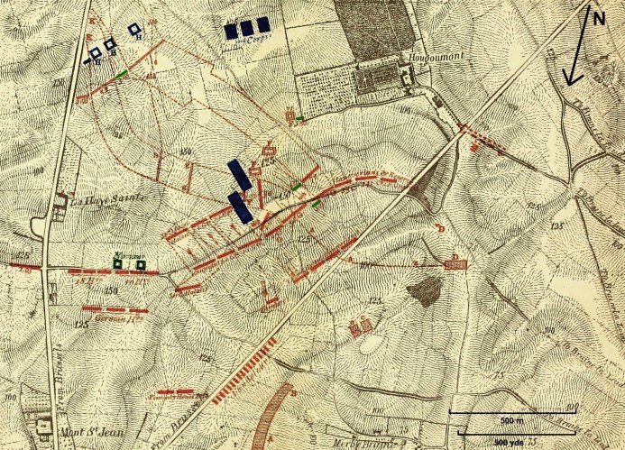 Map from Siborne's Waterloo Letters, showing the movements of Adam's 3rd Infantry Brigade.  The positions of 3rd Bn, 95th Regiment highlighted in green.